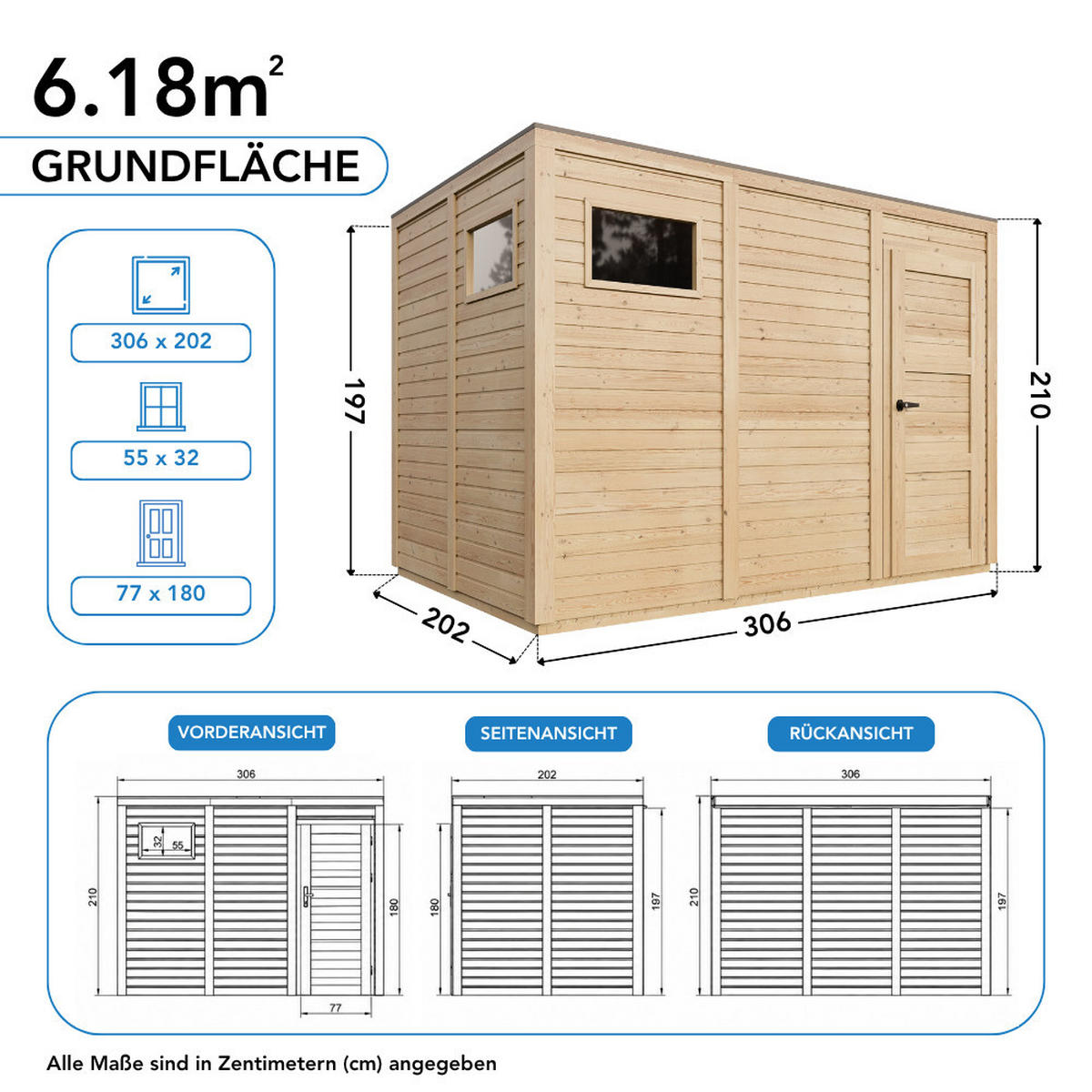 GARTENHAUS Holz 6,18 m², 306/216/202 cm, mit imprägniertem Boden, M326F2+M326G - Beige, Holz (306/216/202cm) - Timbela