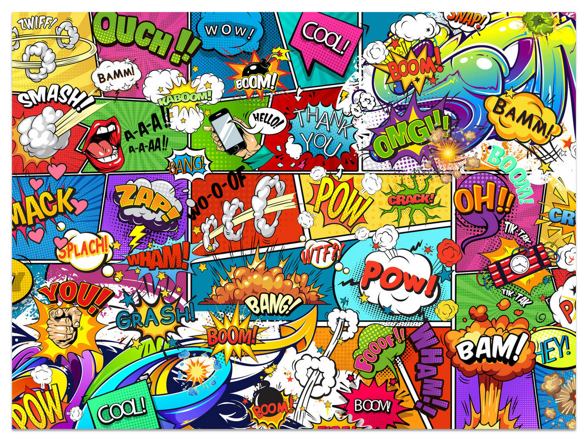 FOTOTAPETA Pre Študentskú Izbu Komiks Farebné Texty Dym Pery 300 x 210 cm - lila/oranžová, papier (300/210cm) - Muralo