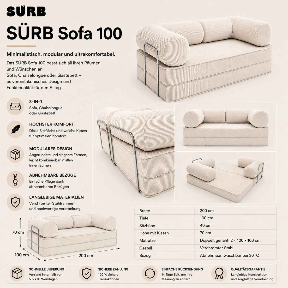 MINIMALISTISCHES Design Sofa für das Wohnzimmer Grau - Grau, Textil (200/70/100cm) - SURB