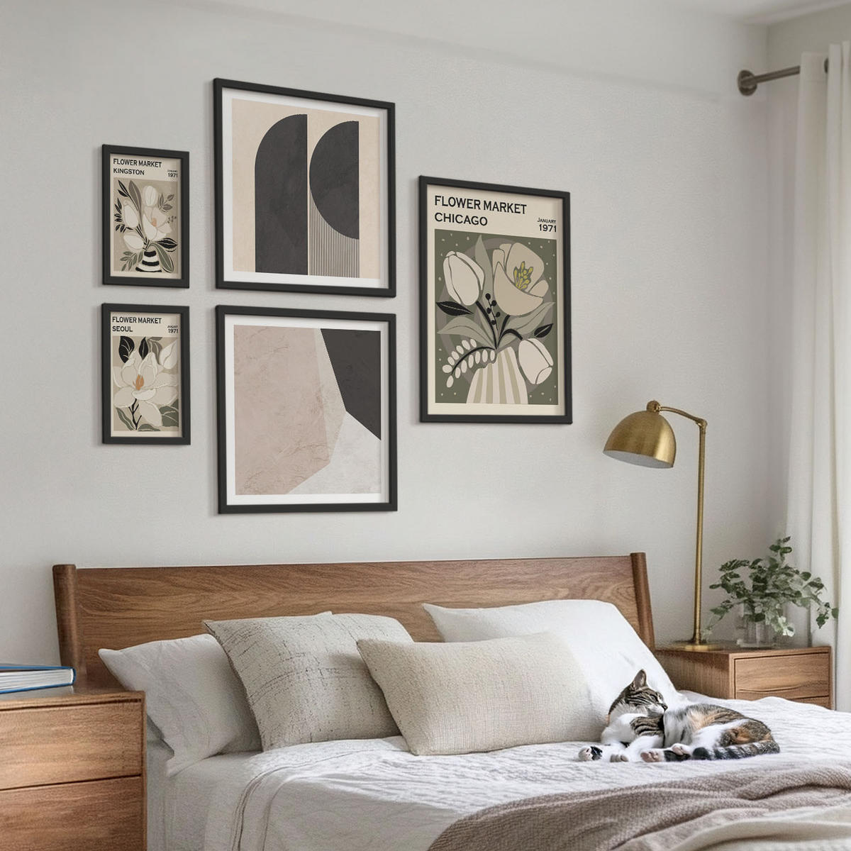 BILDER SET 5er Set - 50x50 cm & 20x30 cm & 40x60 cm Schwarzer Rahmen - Kingston Seoul Retro-Blumen - Schwarz, Kunststoff (40/60cm) - TULUP