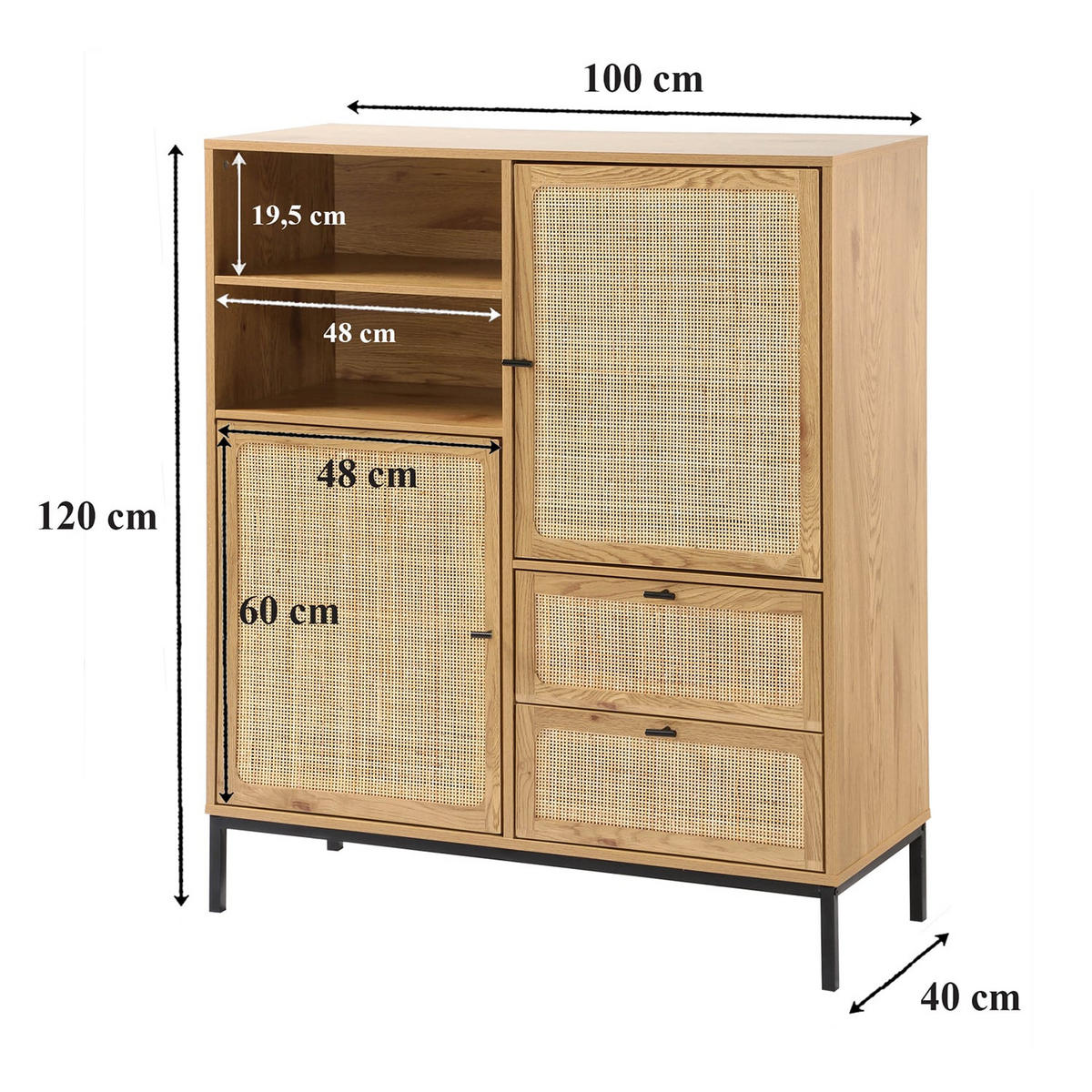 HOHE Buffetschrank mit Rattanfronten - L100 x H120 cm - JAYA - Eschefarben, Holzwerkstoff (40/120/55cm) - Calicosy