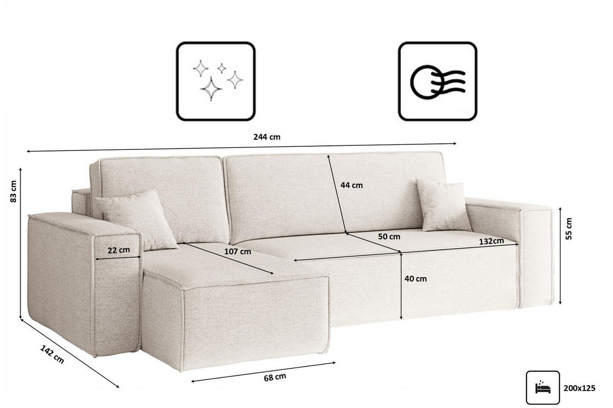 ECKSOFA, Best L-Form, Stoff Neve, Ecru, Links - Ecru, Holz (142/244cm) - Kaiser Möbel