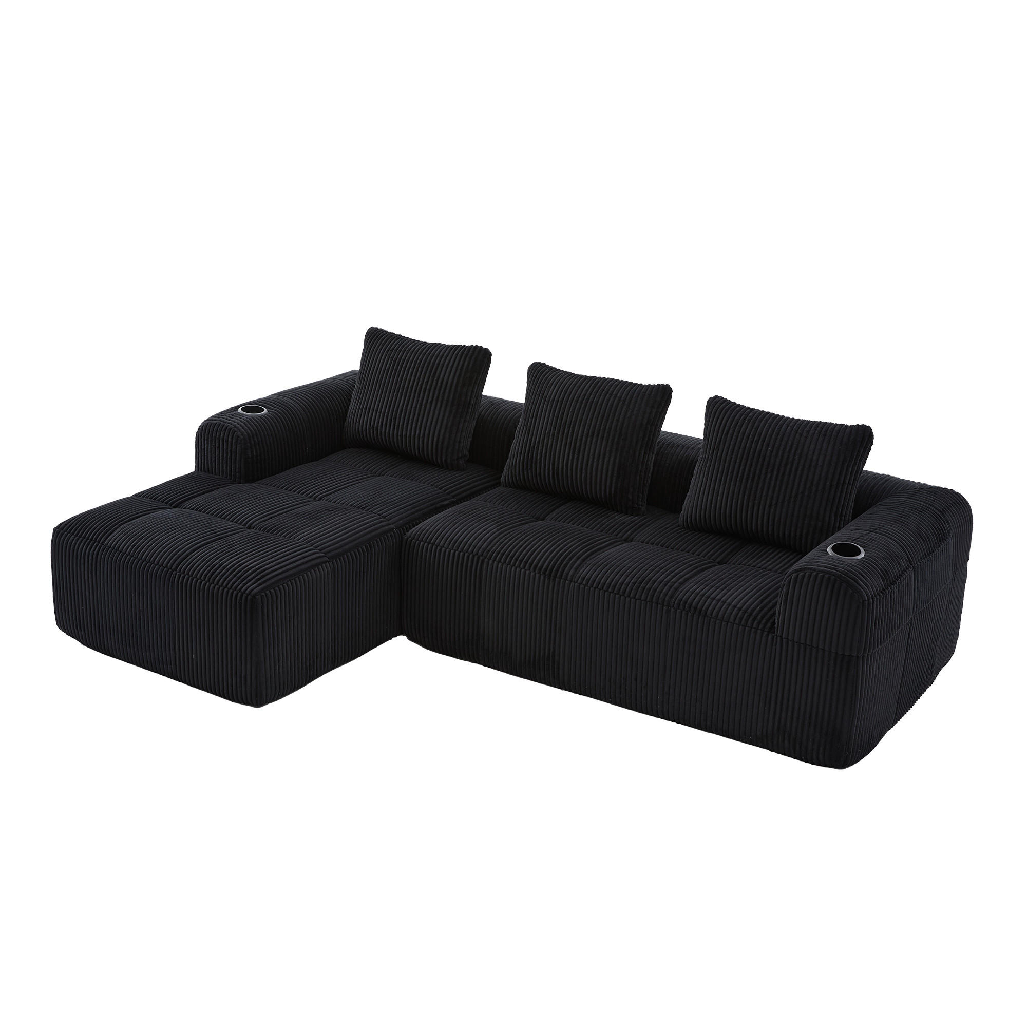 ECKSOFA 3-Sitzer mit Getränkehalter, Seitentaschen & 3 Kissen - Schwarz, Textil (253/158cm) - Urban Meuble