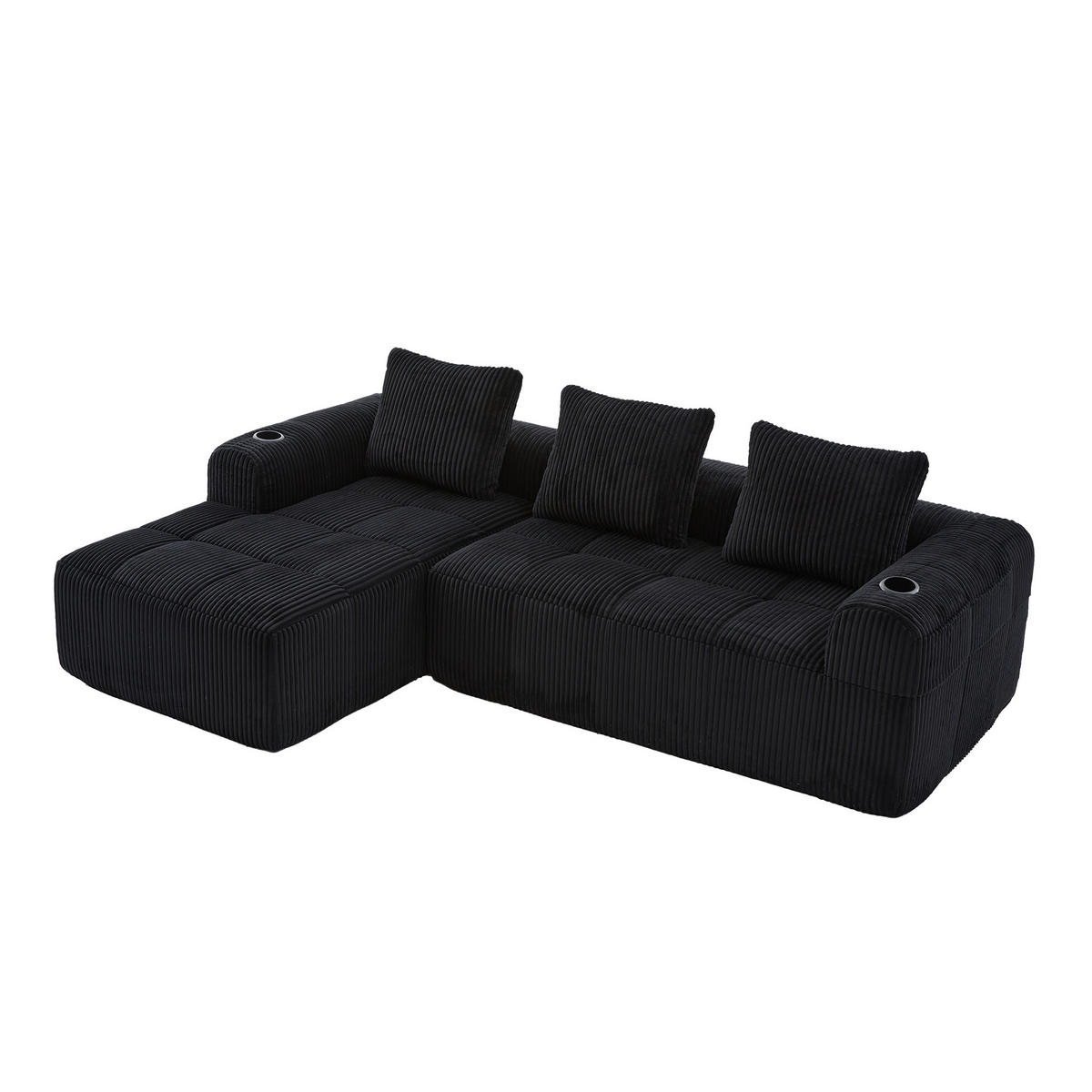 ECKSOFA 3-Sitzer mit Getränkehalter, Seitentaschen & 3 Kissen - Schwarz, Textil (253/158cm) - Urban Meuble