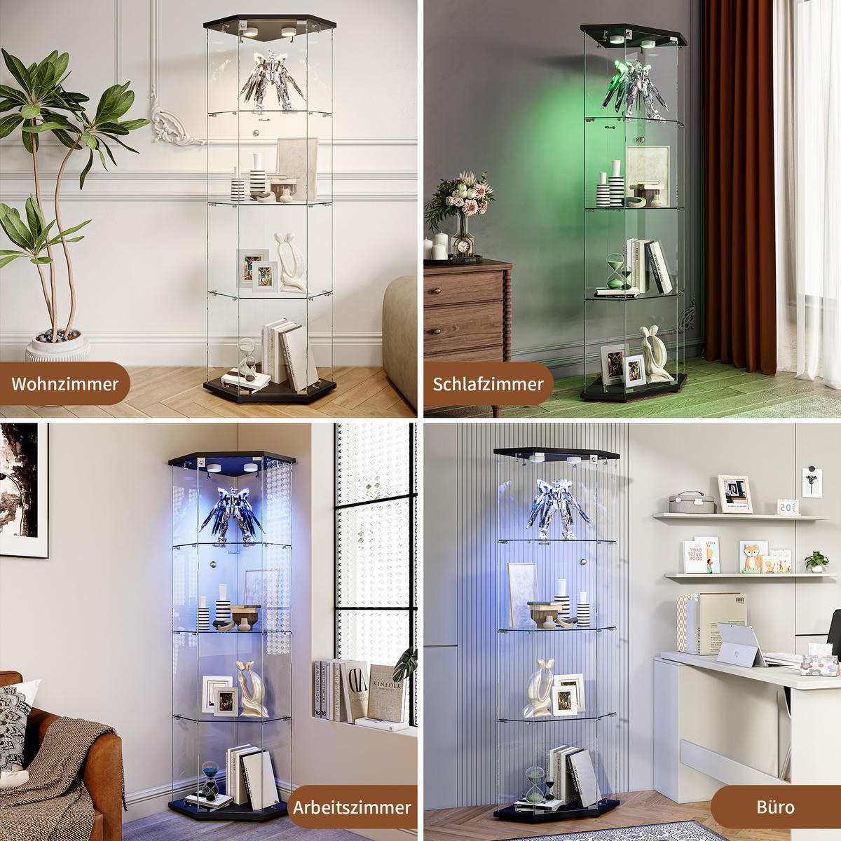 GLASVITRINE 162x60x45 cm freistehend 4 Ablagen LED schwarz - Schwarz, Holz (60/162/40cm) - LEBENLANG