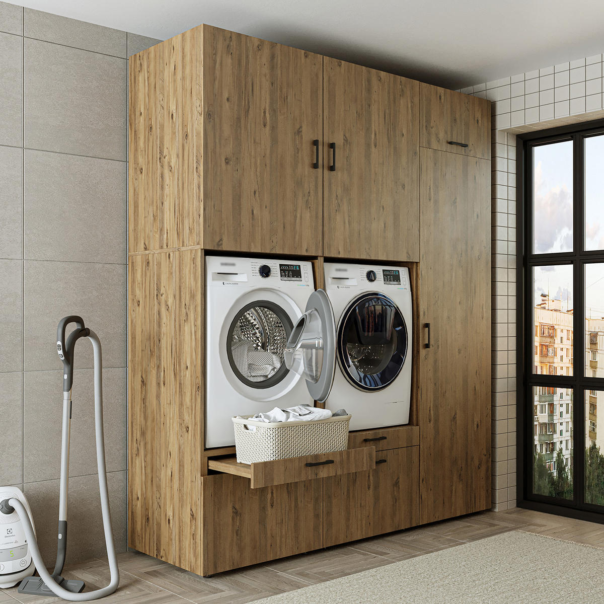 WASCHMASCHINENSCHRANK Serie 2 194cm Breit, 240cm Hoch - Eichefarben, Holzwerkstoff (194/240/67cm)