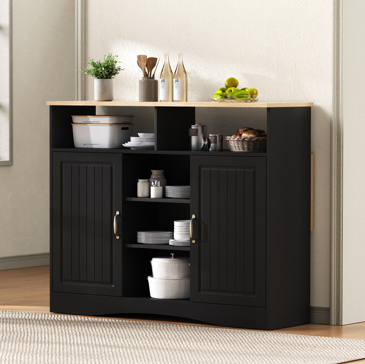KÜCHENINSEL & Sideboard 110x68x97.5cm Schwarz mit Klappplatte & 2 Hockern - Schwarz, Holzwerkstoff (110/97.5/68cm) - Modfu