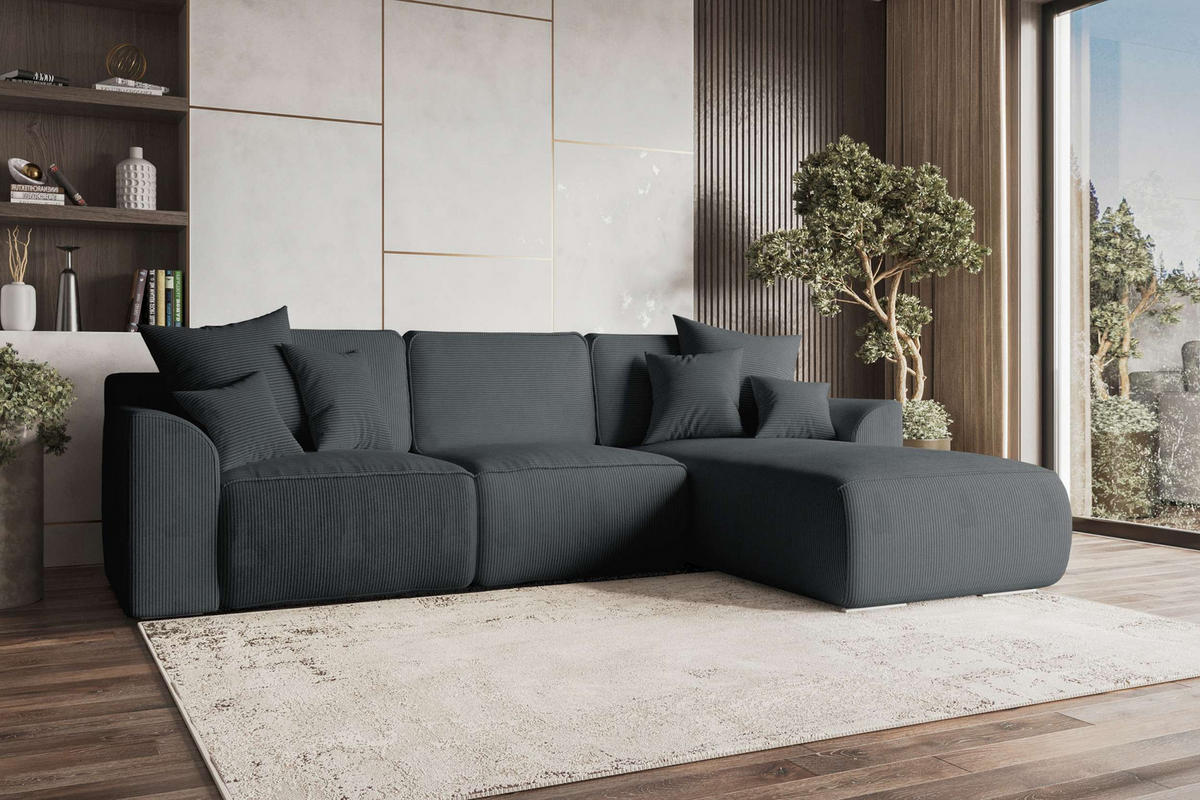 ECKSOFA GUSTO Cordstoff Graphitfarben Rechts inkl. Schlaffunktion - Chromfarben/Graphitfarben, Kunststoff/Textil (295/194cm) - 99rooms