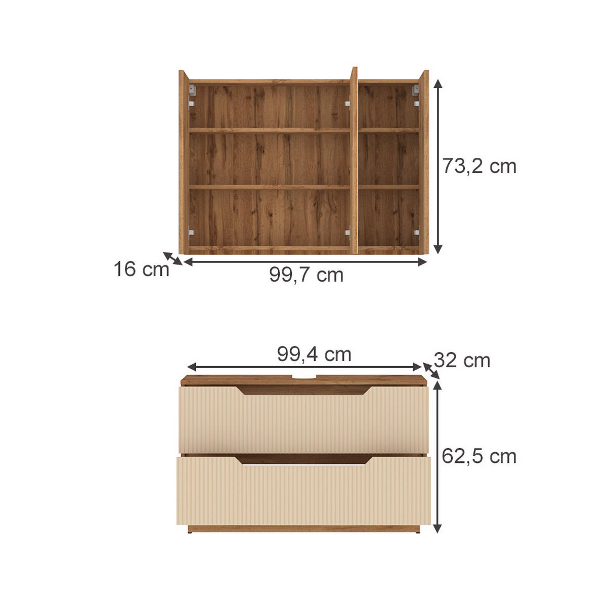 BADMÖBEL-SET Lotta Eiche/Kaschmir gestreift 2 Teile - Kaschmir, Holzwerkstoff (119.2/62.5/35cm) - Vicco