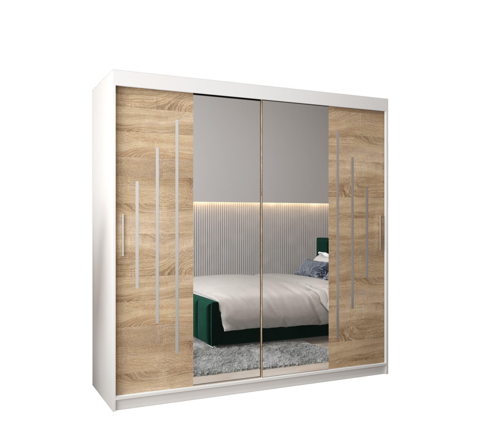 Abiks Möbel Schwebetürenschrank Weiß, Sonoma Eiche 200x200x62 cm