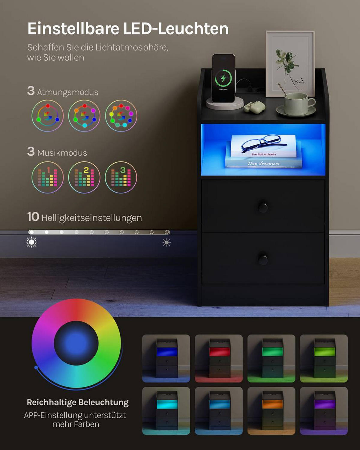 NACHTTISCH 2er Set mit LED-Licht, 2 Steckdosen , Holz, Schwarz - Schwarz, Holzwerkstoff (40/64/35cm) - Woltu