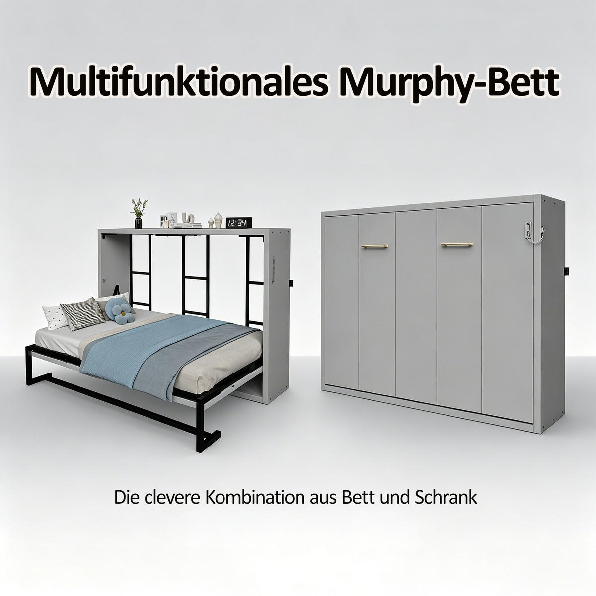 KLAPPBETT 140/200 cm in Grau Metall und Holz mit Wandverriegelung - Grau, Holzwerkstoff/Metall (140/200cm) - WISHDOR