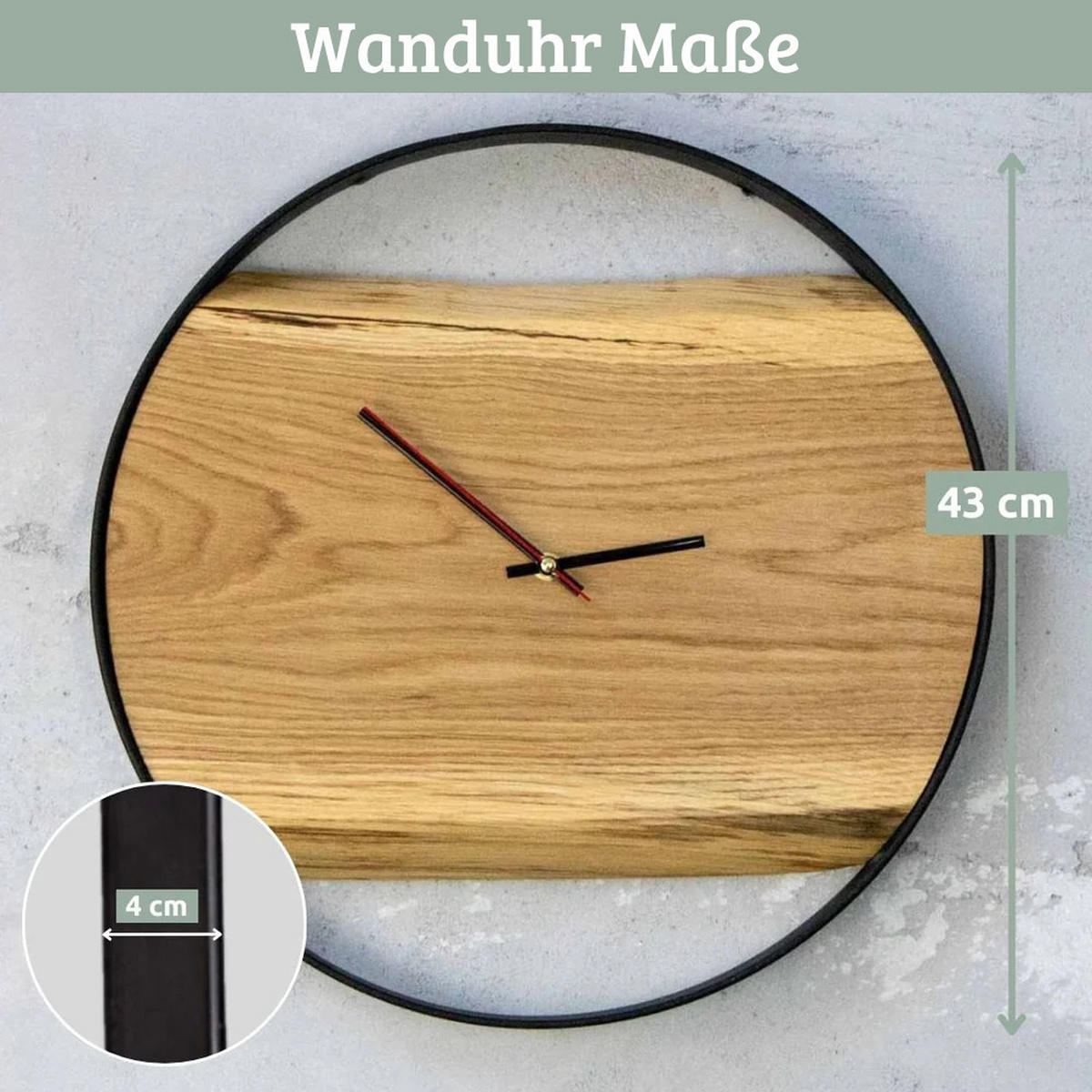 WANDUHR groß Holz NATA HANDGEFERTIGT 43 cm ⌀ Eiche Geräuschlos - Braun, Holz (43/43/4cm) - DELUKE