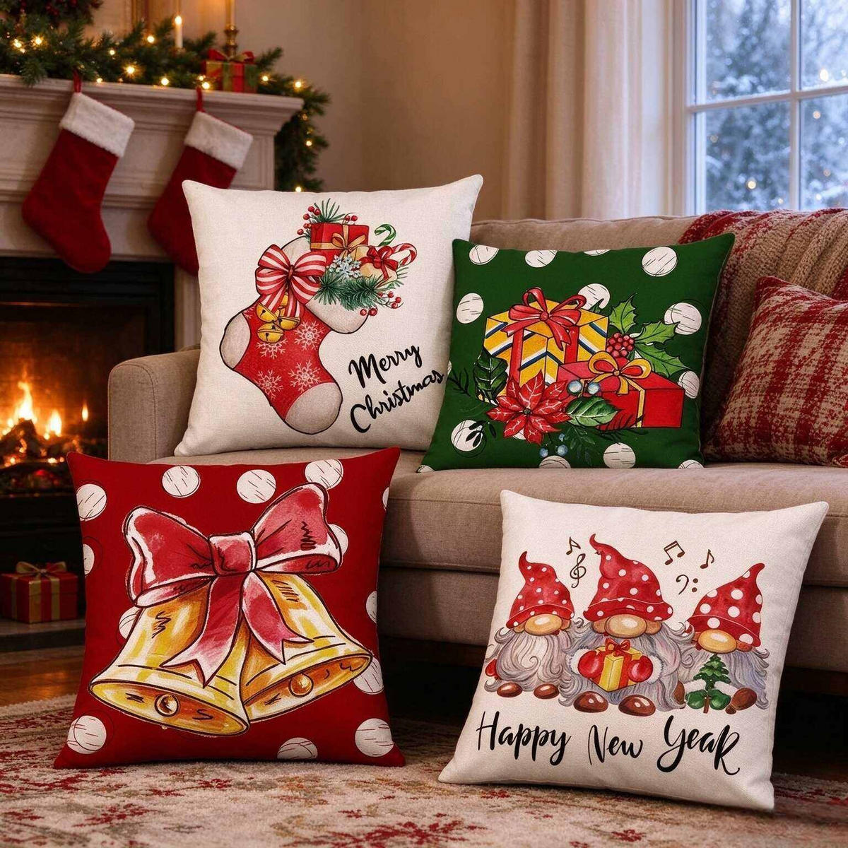 KISSENBEZUG – Weihnachtskissenbezug (Kissenfüllung nicht enthalten) – 45 x 45 cm – Multicolor(vier Stück) - Multicolor, Textil (45/45cm)