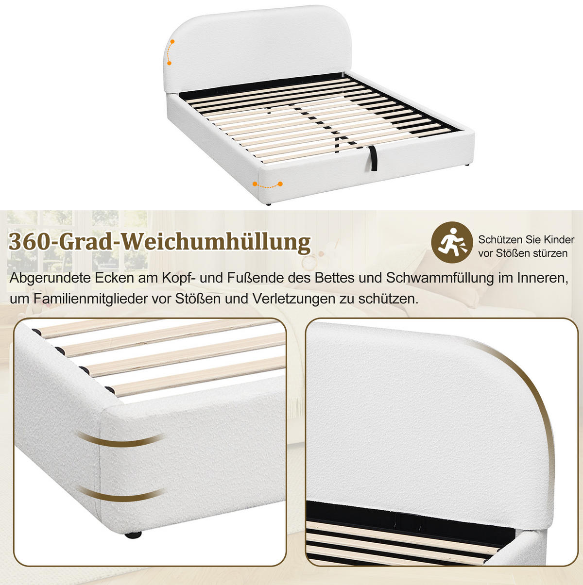 POLSTERBETT aus Bouclé 180x200 cm Beige mit hydraulischem Stauraum, Lattenrost und Matratze - Beige, Textil (180/200cm) - Modfu