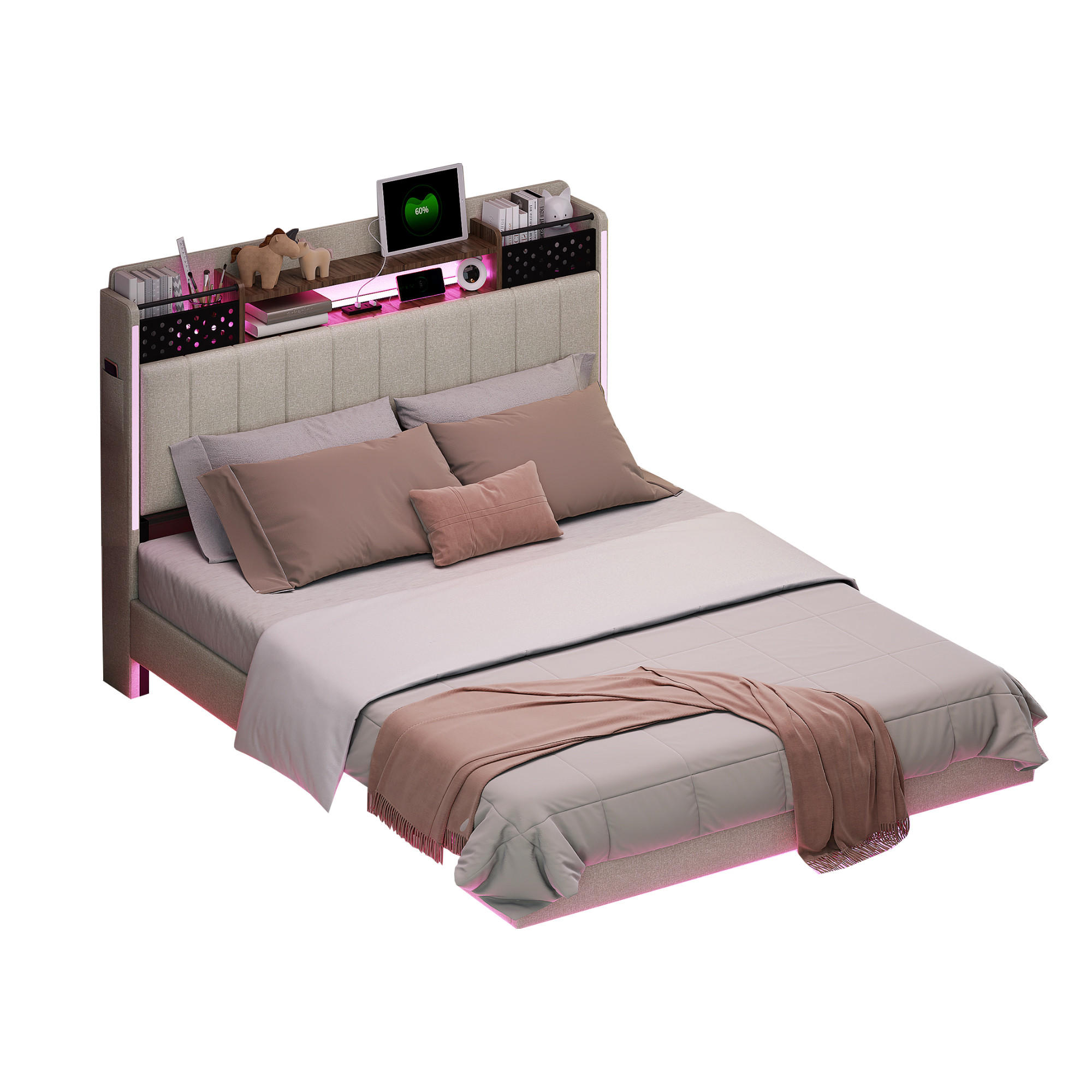 Modfu ČALOUNĚNÁ postel z lněné látky 140x200 cm béžová s LED osvětlením, USB portem a úložným čelem