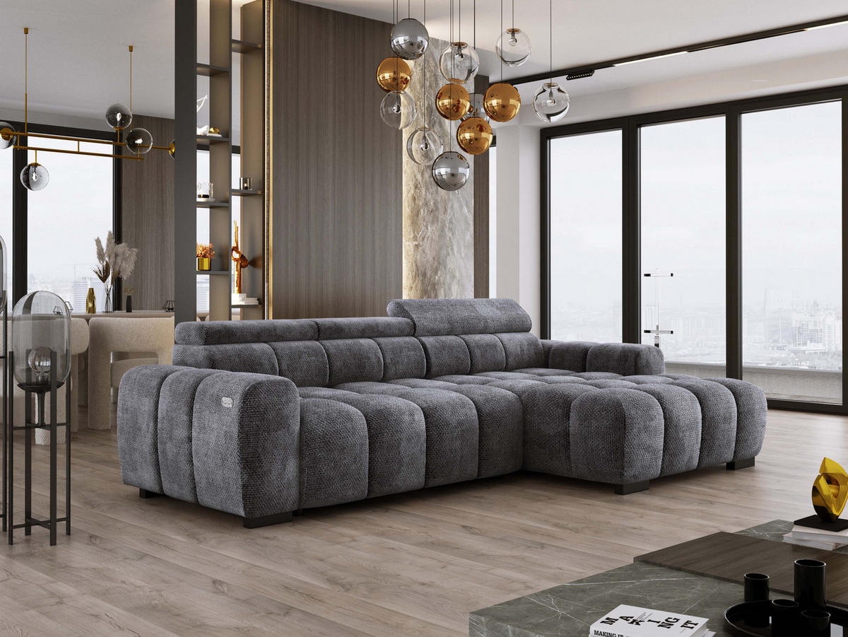 ECKSOFA OMBO 285x168x77/97 cm, Rechts, Schlaffunktion, elektr. Sitz, Kopfstützen, hydrophober EDEN-Stoff – Graphit - Anthrazit, Holz/Textil (285/168cm) - DomoHome