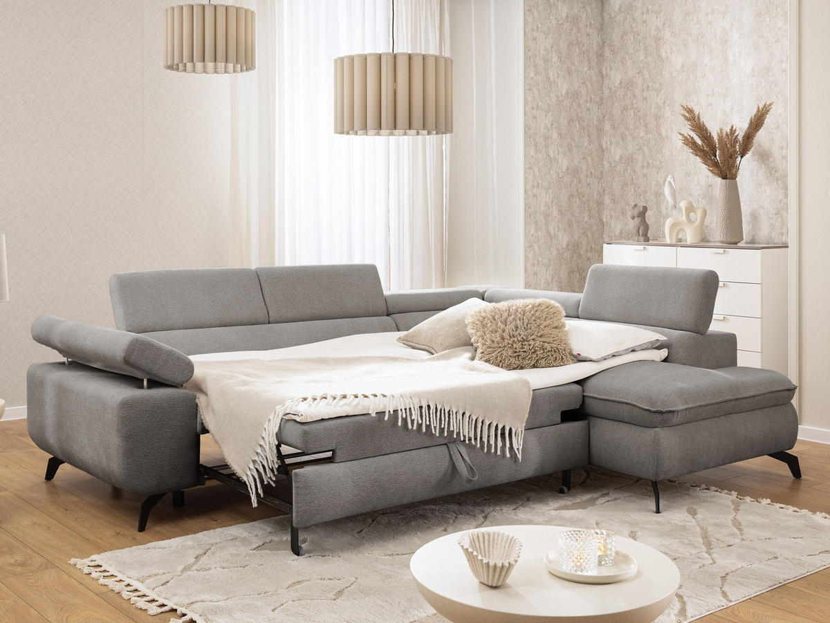 ECKSOFA mit Schlaffunktion und Bettkasten Bonnie aus Hellgrau Chenille-Stoff mit verstellbaren Kopfstützen und Armlehne - Ottomane rechts - Hellgrau/Schwarz, Holz/Textil (275/210cm) - S-Style Möbel