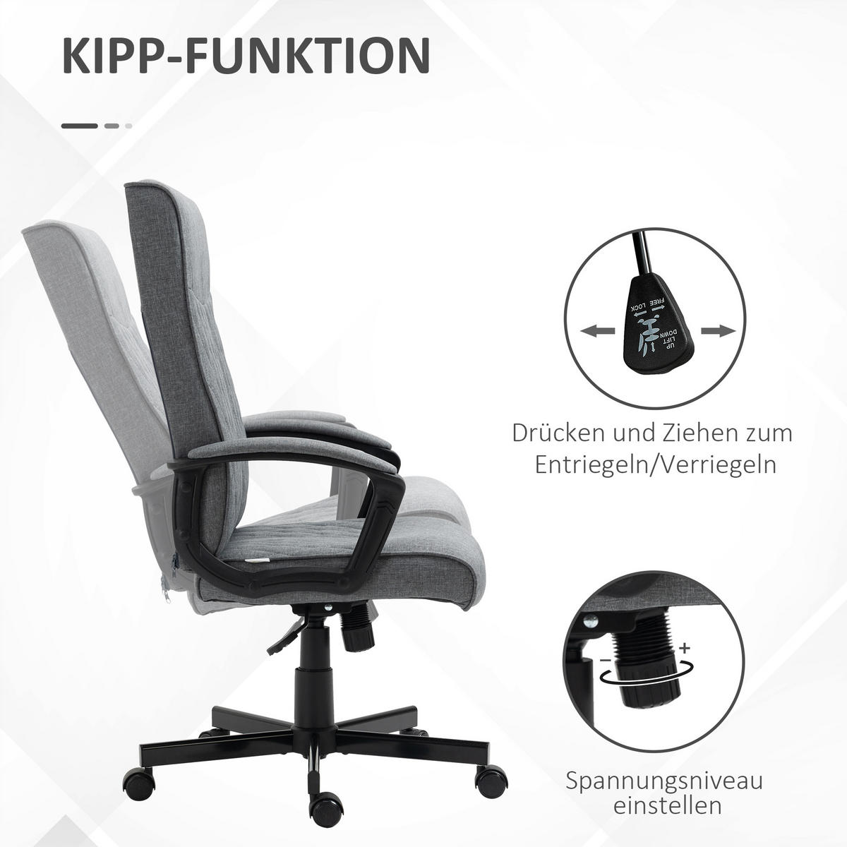 BÜROSTUHL mit Wippfunktion, Höhenverstellbarer Schreibtischstuhl für Büro Grau - Dunkelgrau, Metall (65/112.5/72cm) - Vinsetto