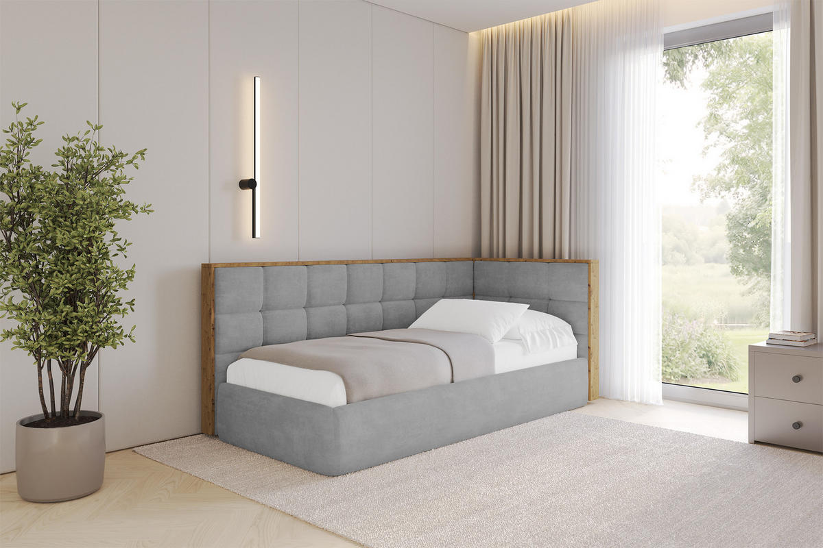 EINZELLBETT Jugendbett mit Bettkasten und Matratze H3/H4, Links - SOVY 90x200 Grau - Hellgrau, Holzwerkstoff/Textil (90/200cm) - ALTDECOR