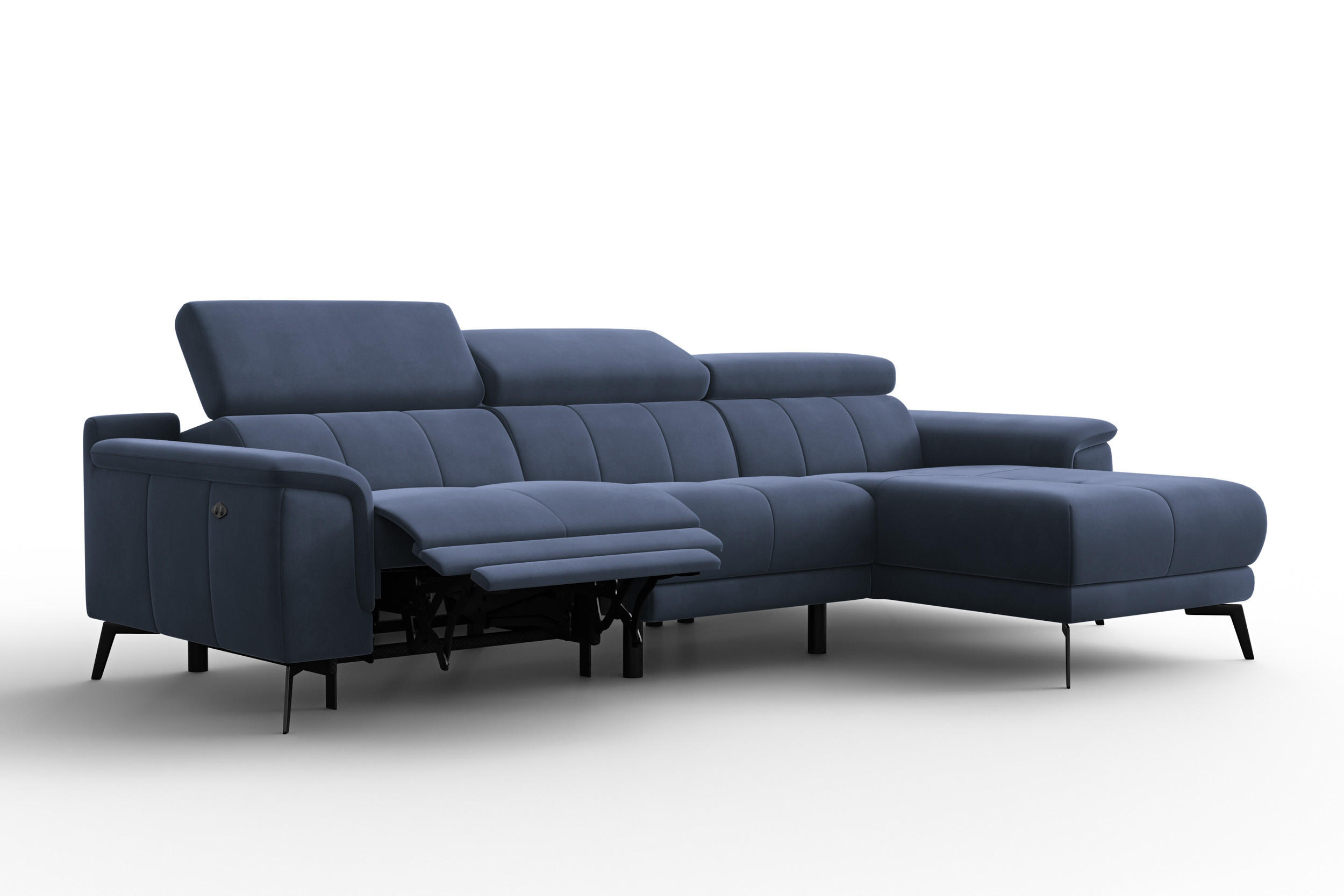 ECKSOFA FIERO 4-Sitzer RECHTS, Marineblauer Veloursstoff - Blau/Schwarz, Holz/Textil (288/170cm) - Courtois Laville