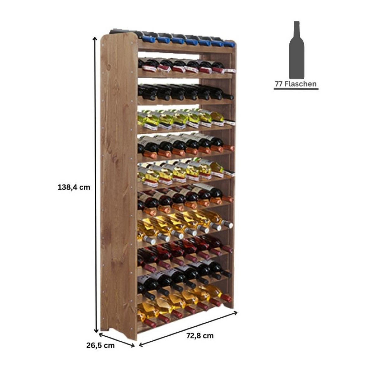 WEINREGAL Pinotwine C 138,4x72,8x26,5 cm 77 Flaschen Massives Kiefernholz Braun Geölt - Braun, Holz (72.8/138.4/26.5cm) - PROREGAL