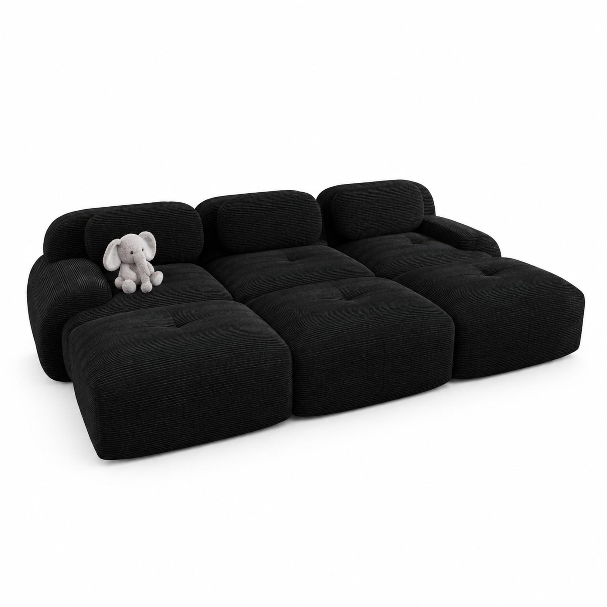 MODULARES Ecksofa aus Cordstoff Schwarz 298x178x70 cm mit Hockern und geschwungenen Armlehnen - Schwarz, Textil (178/298cm) - IVMEU