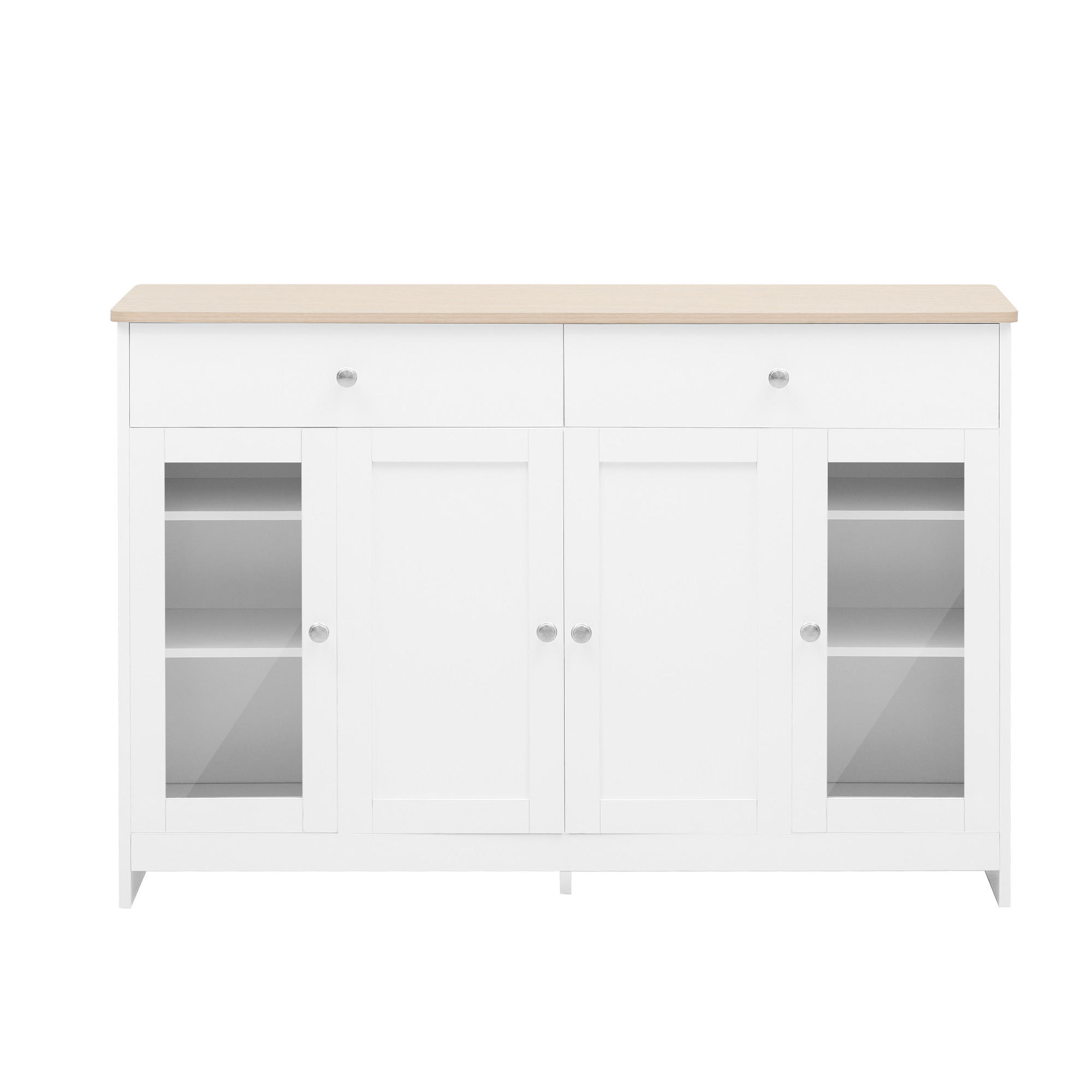Urban Meuble SIDEBOARD bílý a dekor dřeva se skleněnými dvířky a 2 zásuvkami