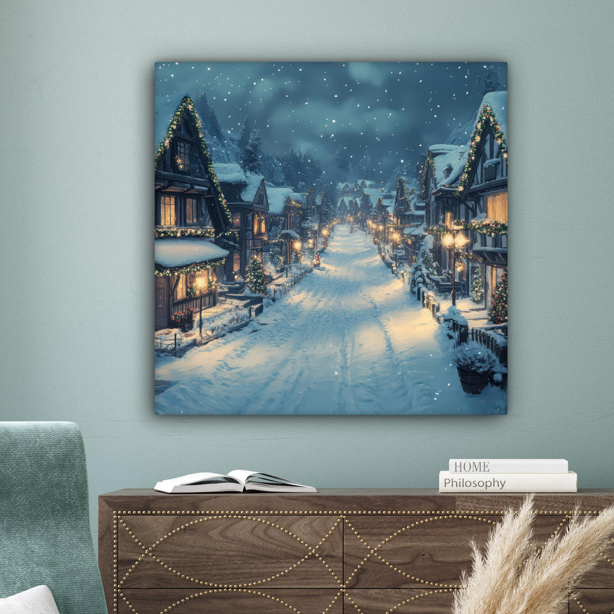 LEINWANDBILD Weihnachtsdorf - Weihnachten - Schnee - Winter 90x90 cm - Dunkelblau, Textil (90/90cm) - MuchoWow