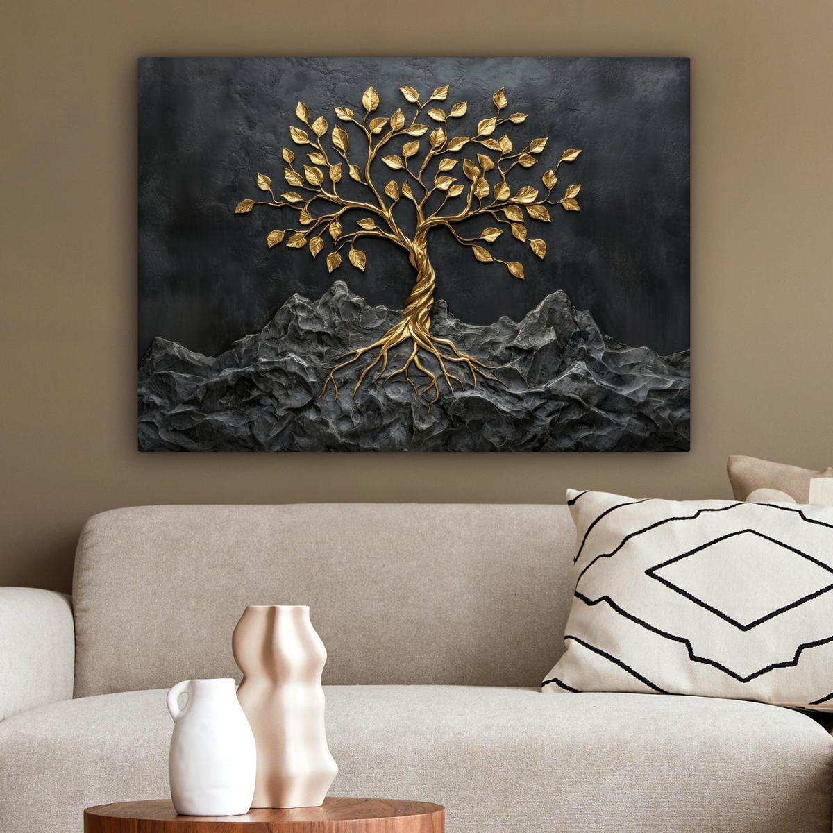LEINWANDBILD Blätter - Gold - Baum - Fels Wandbilder 80x60 cm - Schwarz, Textil (80/60cm) - MuchoWow