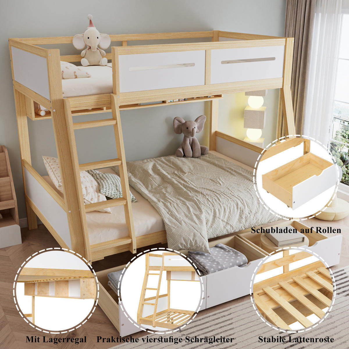 ETAGENBETT 90/200 cm und 120/200 cm mit 3 Schubladen, Bilderbuchregal und Trittleiter aus Kiefer/MDF, Weiß/Natur - Weiß, Holz (90/200cm) - Redom