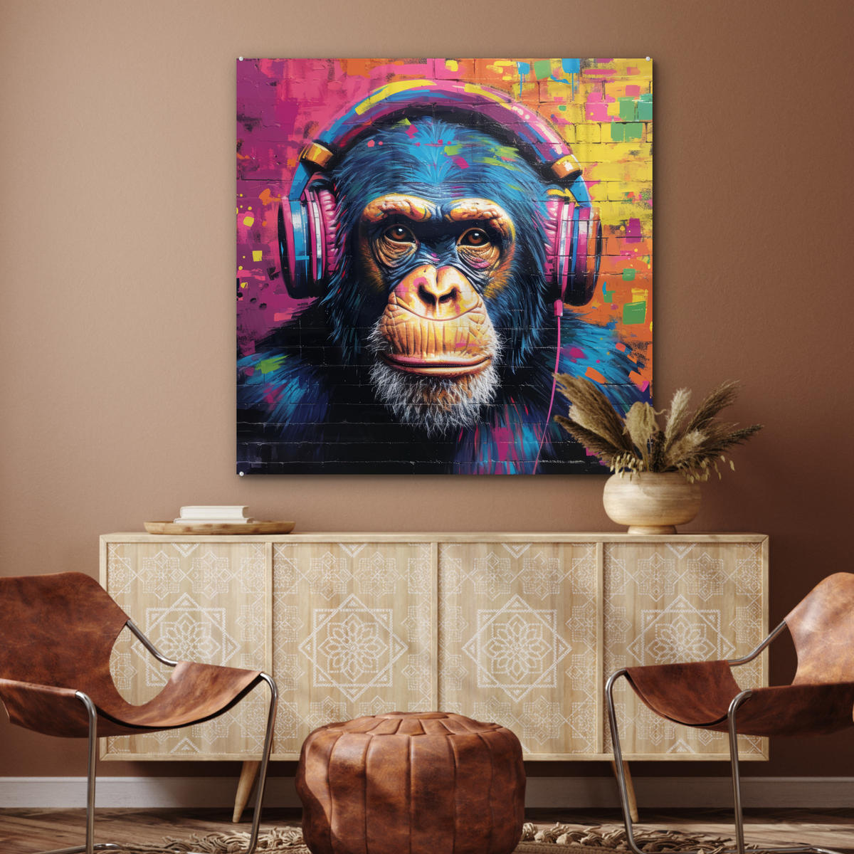 ACRYLGLASBILD Graffiti - Schimpanse - Straßenkunst - Kopfhörer - Affe 90x90 cm - Blau, Glas (90/90cm) - MuchoWow