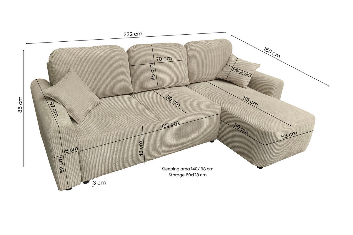 ECKSOFA HENRY in Beige mit Schlaffunktion und Bettkasten - Beige, Textil (232/150cm) - KS Home Concept