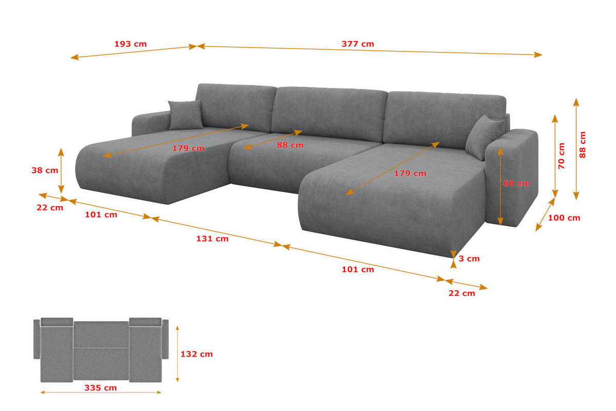 SEDACÍ SOUPRAVA DO U s funkcí spaní a úložným prostorem BERY-U 377x193x88 šedá velur - černá/šedohnědá, kompozitní dřevo/textil (377/88/193cm) - ALTDECOR