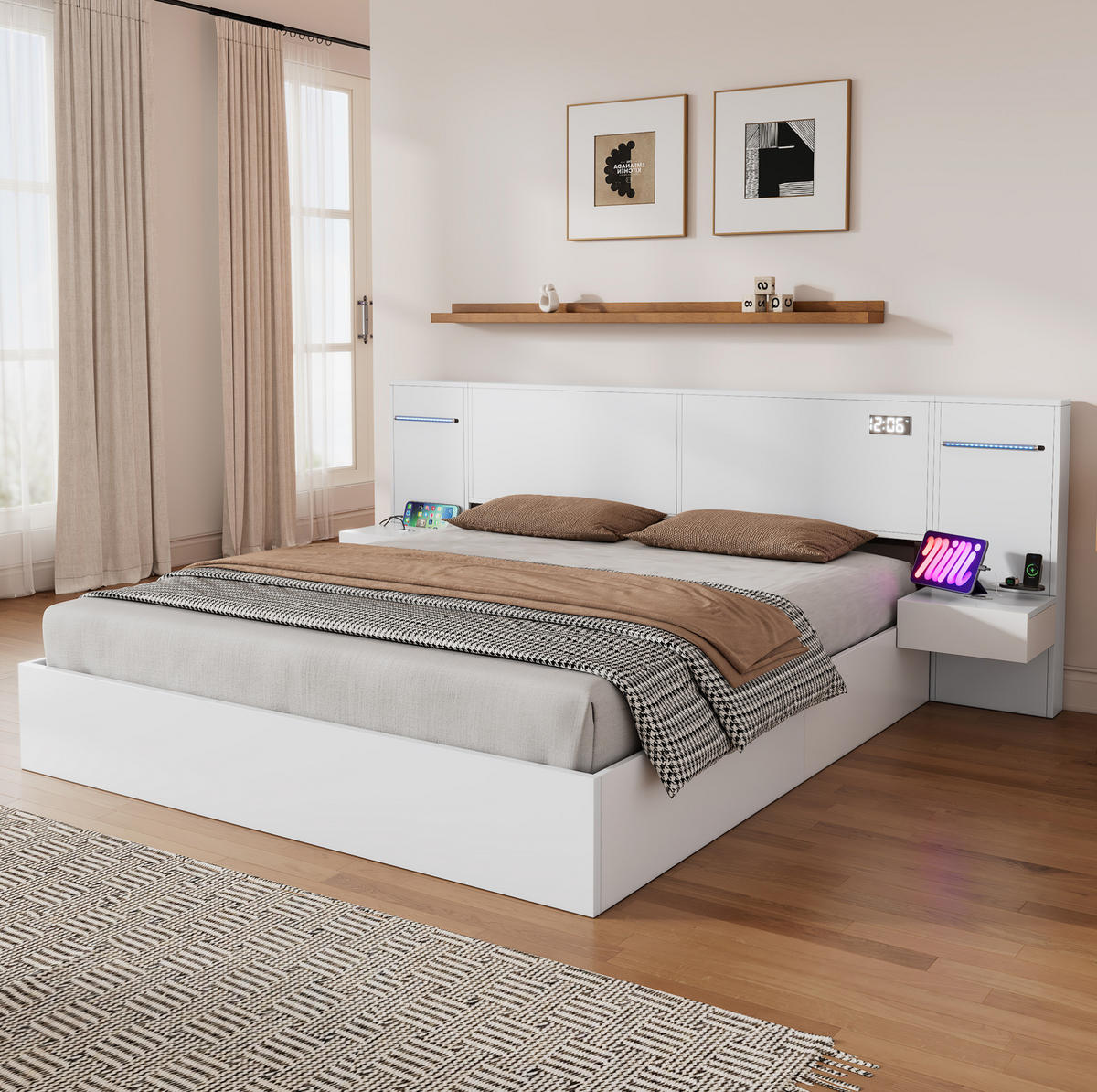 POLSTERBETT 180/200 cm Weiß aus MDF mit Bluetooth-Lautsprechern und LED-Lichtleiste - Weiß, Holzwerkstoff (180/200cm) - OKMYHOME
