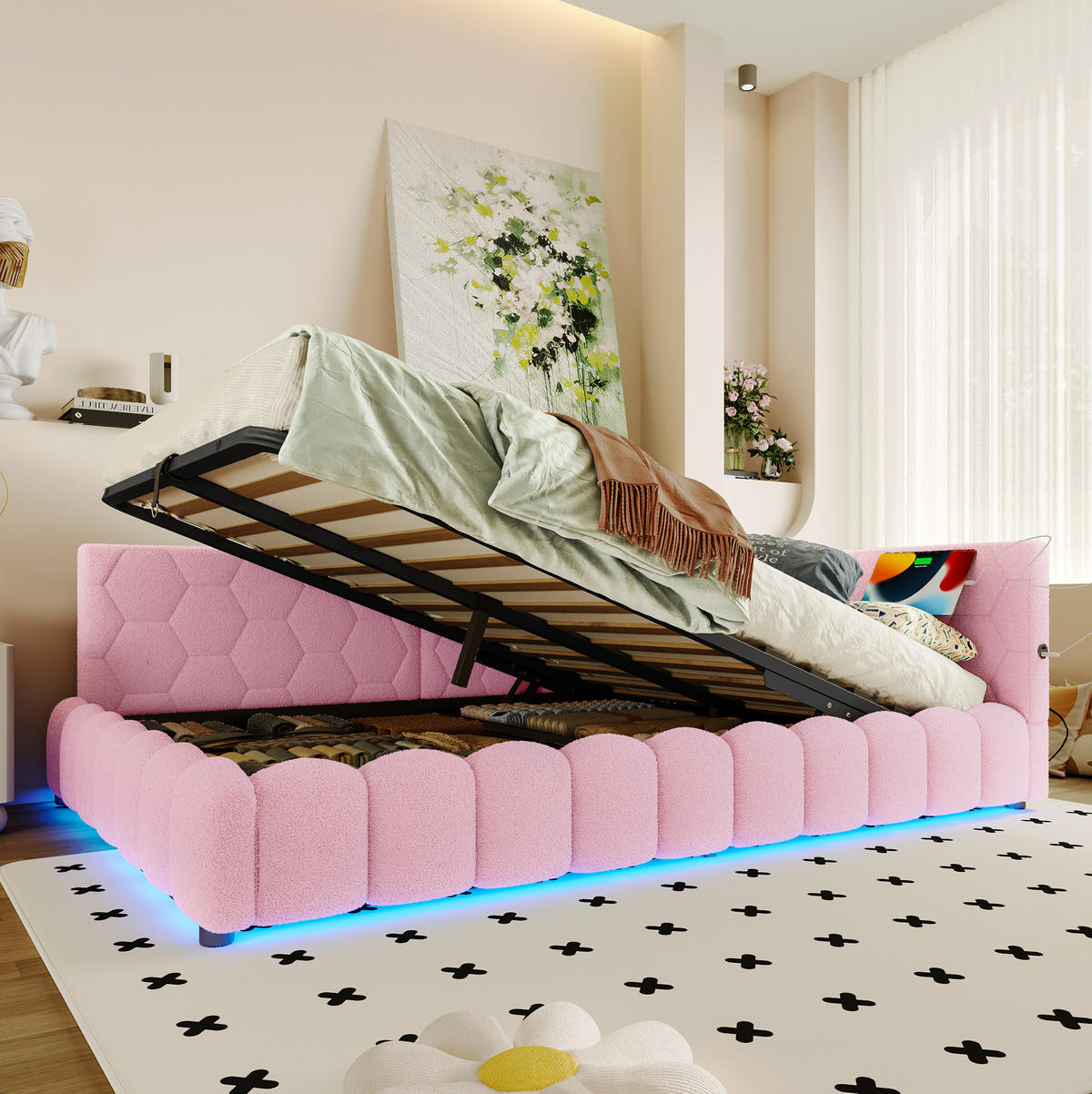 POLSTERBETT 140/200 cm mit Bettkasten, LED-Beleuchtung und USB/Typ-C in Rosa - Rosa, Textil (140/200cm) - BEAOK