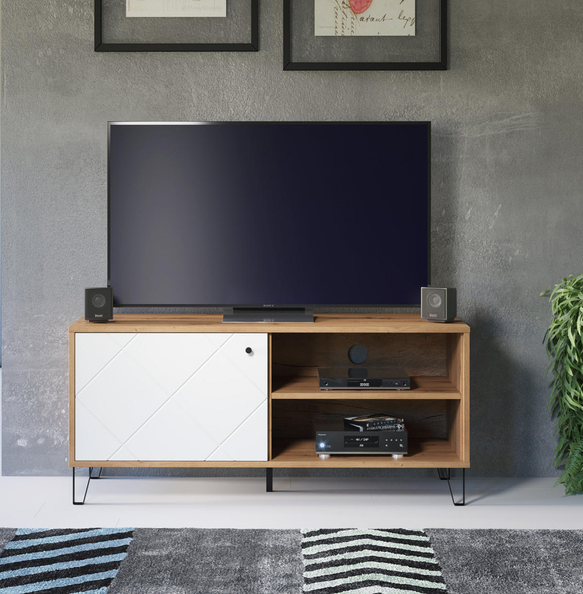 TV-LOWBOARD weiß matt, Eiche Artisan 123 cm,TV-Unterteil mit moderner Rautenoptik - Eichefarben/Schwarz, Holzwerkstoff/Kunststoff (123/56/40cm) - Top.Furn