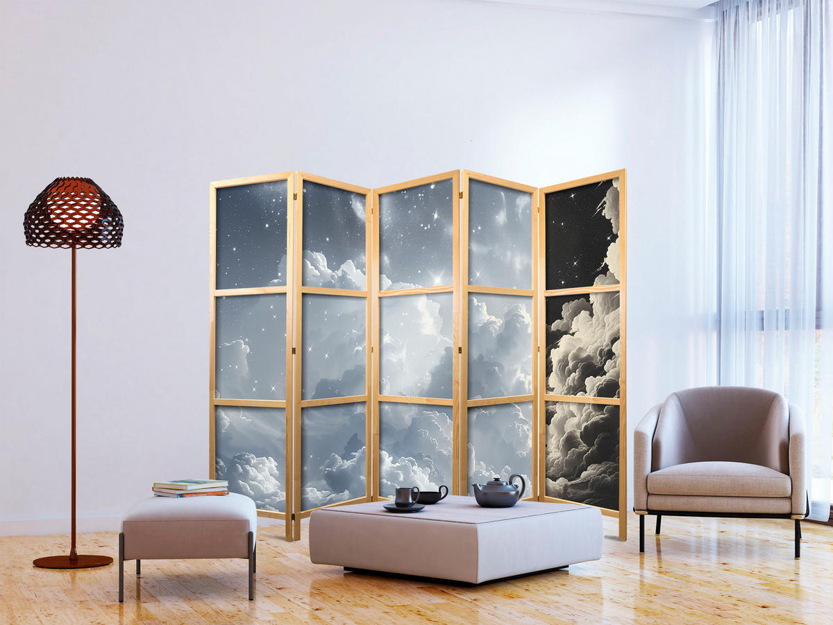 PARAVÁN Japonský 5-dielny 225x172 cm Oblaky Hviezdy - sivá, drevo/textil (225/172/3cm) - Muralo