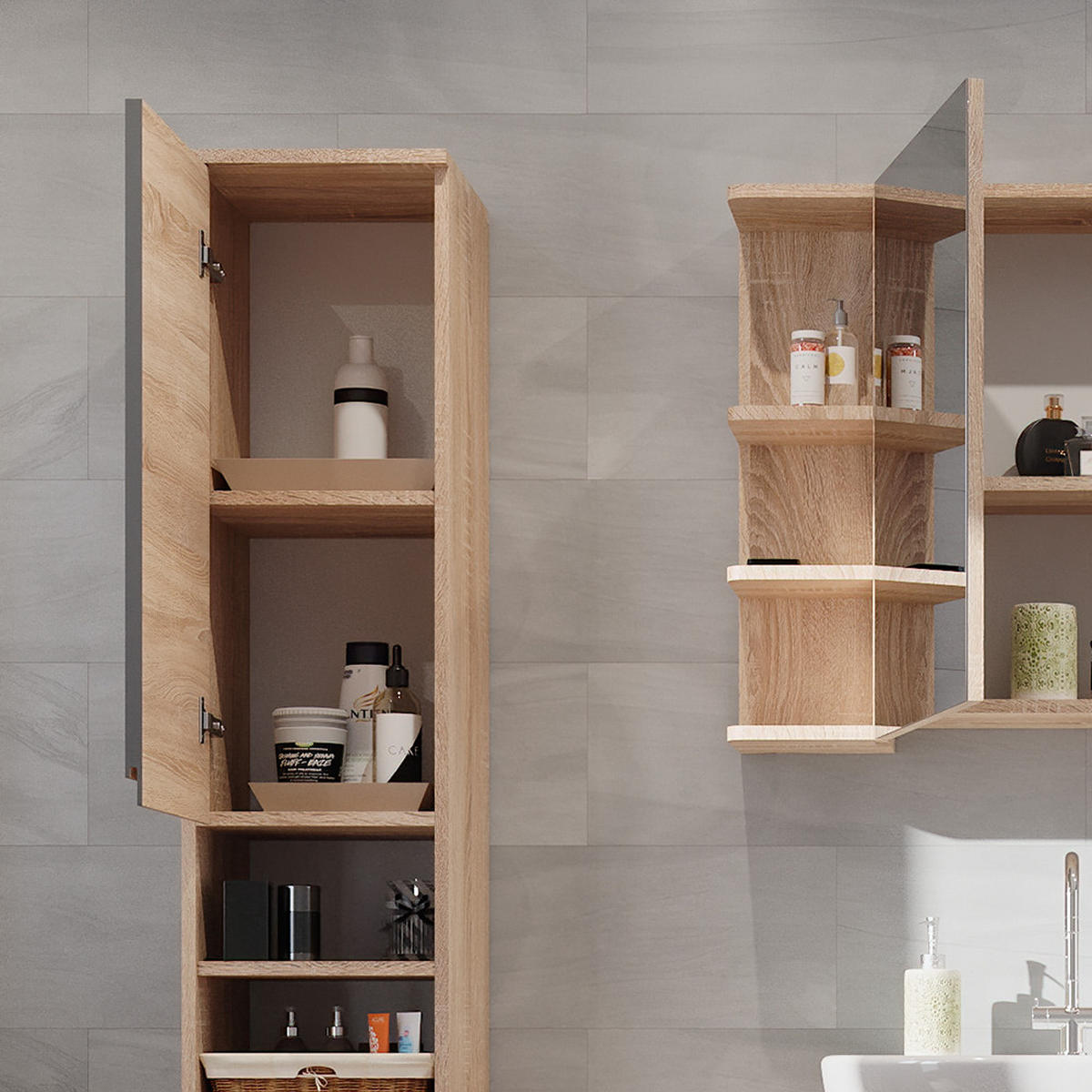 BADSCHRANK J-Shape Sonoma 30 x 190 cm - Anthrazit/Sonoma Eiche, Holzwerkstoff (30/190/30cm) - Vicco