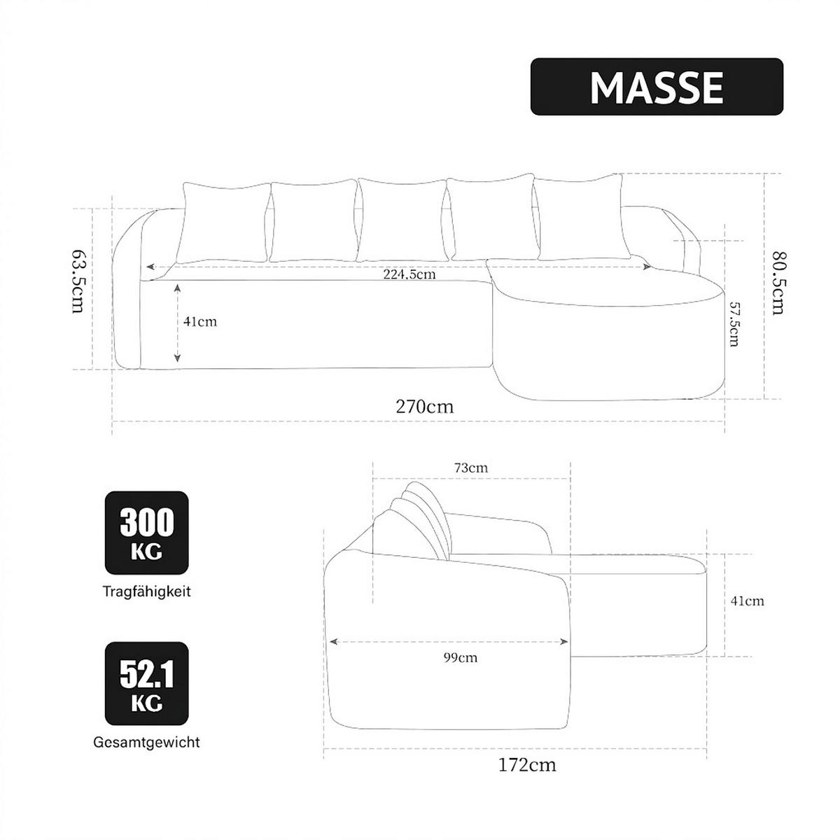 ECKSOFA 270/172/80.5 cm Hellkhaki Chenille, Rechte Seite - Kaschmir/Beige, Textil (270/172cm) - Oxeza