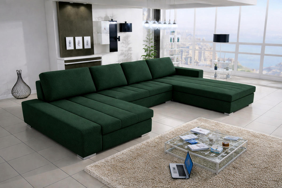 WOHNLANDSCHAFT VERONA U-Form mit Schlaffunktion, Bettkasten und Wellenfederung – Großzügiges Ecksofa 387 cm - Grün, Kunststoff (387/85/213cm) - Wohnideebilder