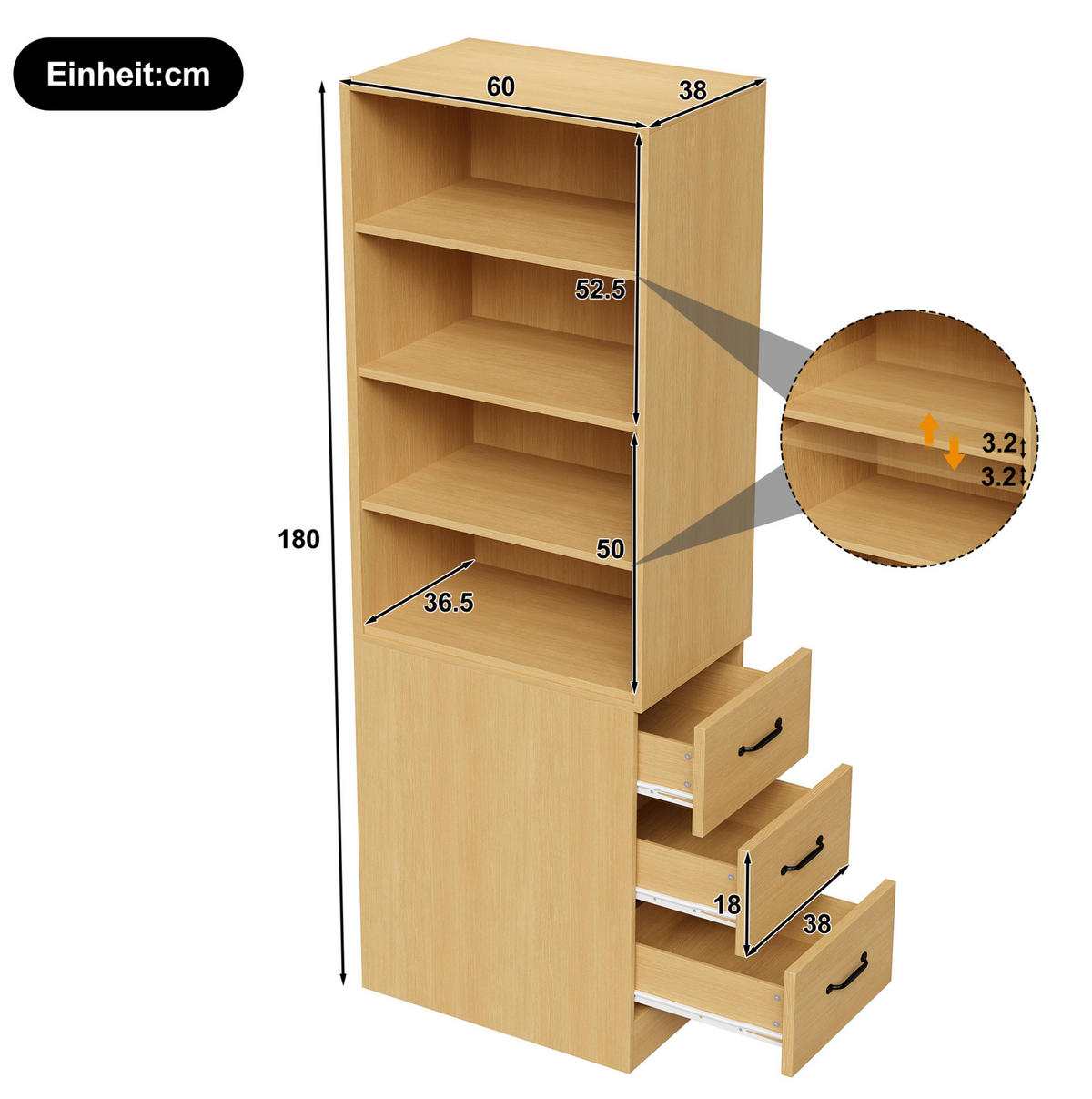 HIGHBOARD 60/180/38 cm Eiche aus Spanplatte mit Seitenschubladen - Eichefarben, Holzwerkstoff (38/180/60cm) - OKMYHOME