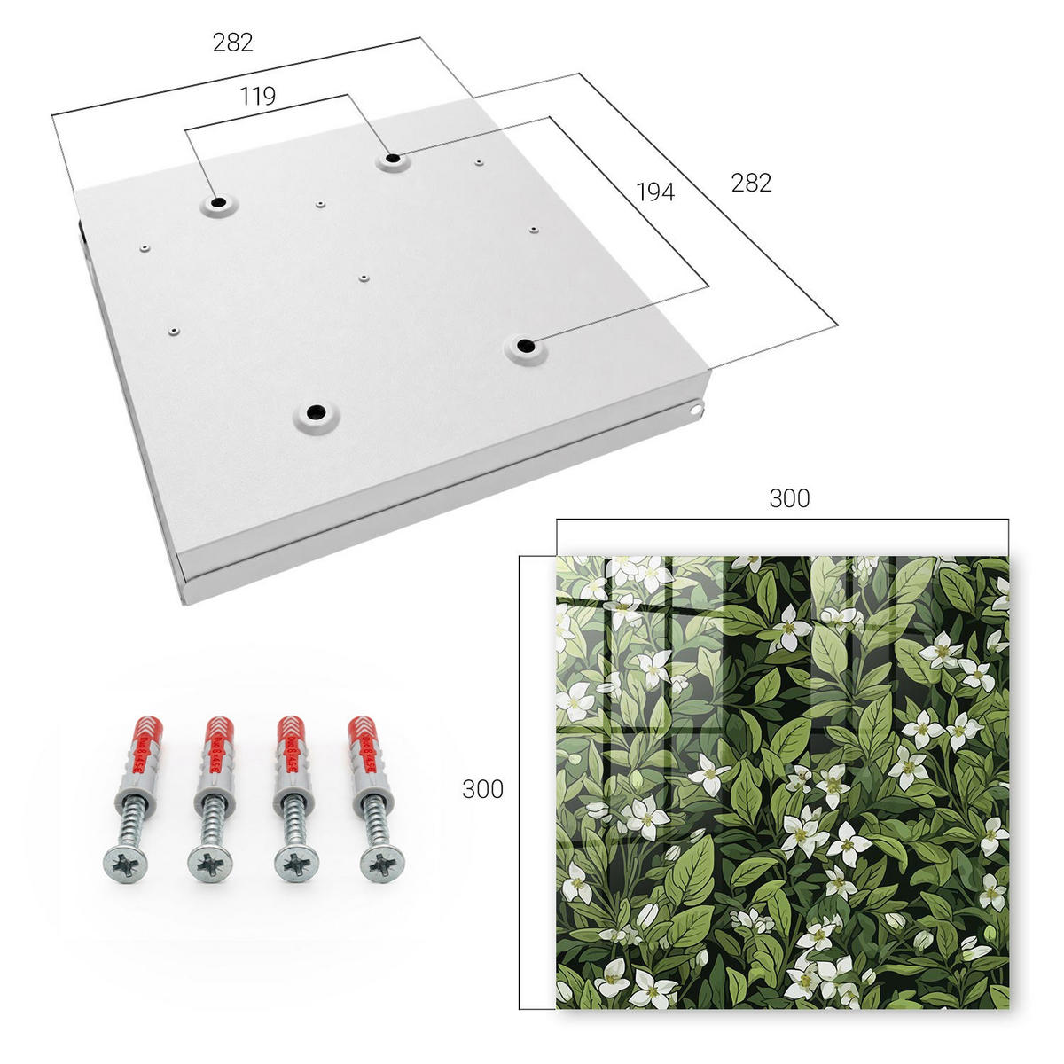 SCHLÜSSELBOX Weiß 30x30 cm – Türöffnung nach rechts - Pflanzenmotiv - Grün, Metall (30/30/5cm) - TULUP