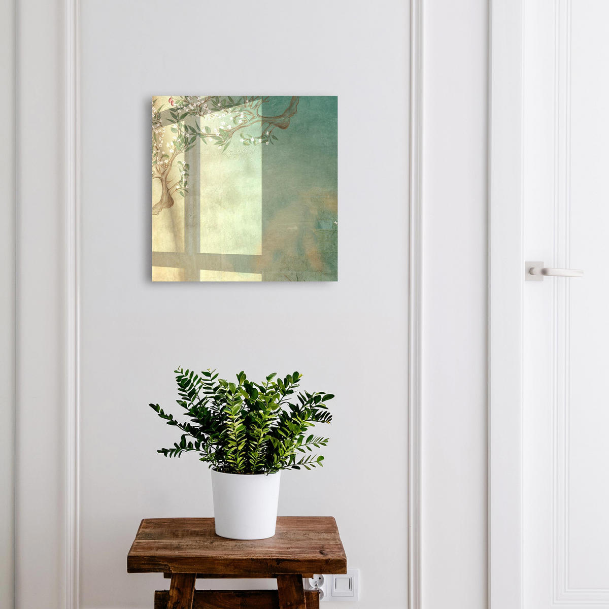 SCHLÜSSELBOX Weiß 30x30 cm – Türöffnung nach rechts - Blühender Baum - Türkis, Metall (30/30/5cm) - TULUP
