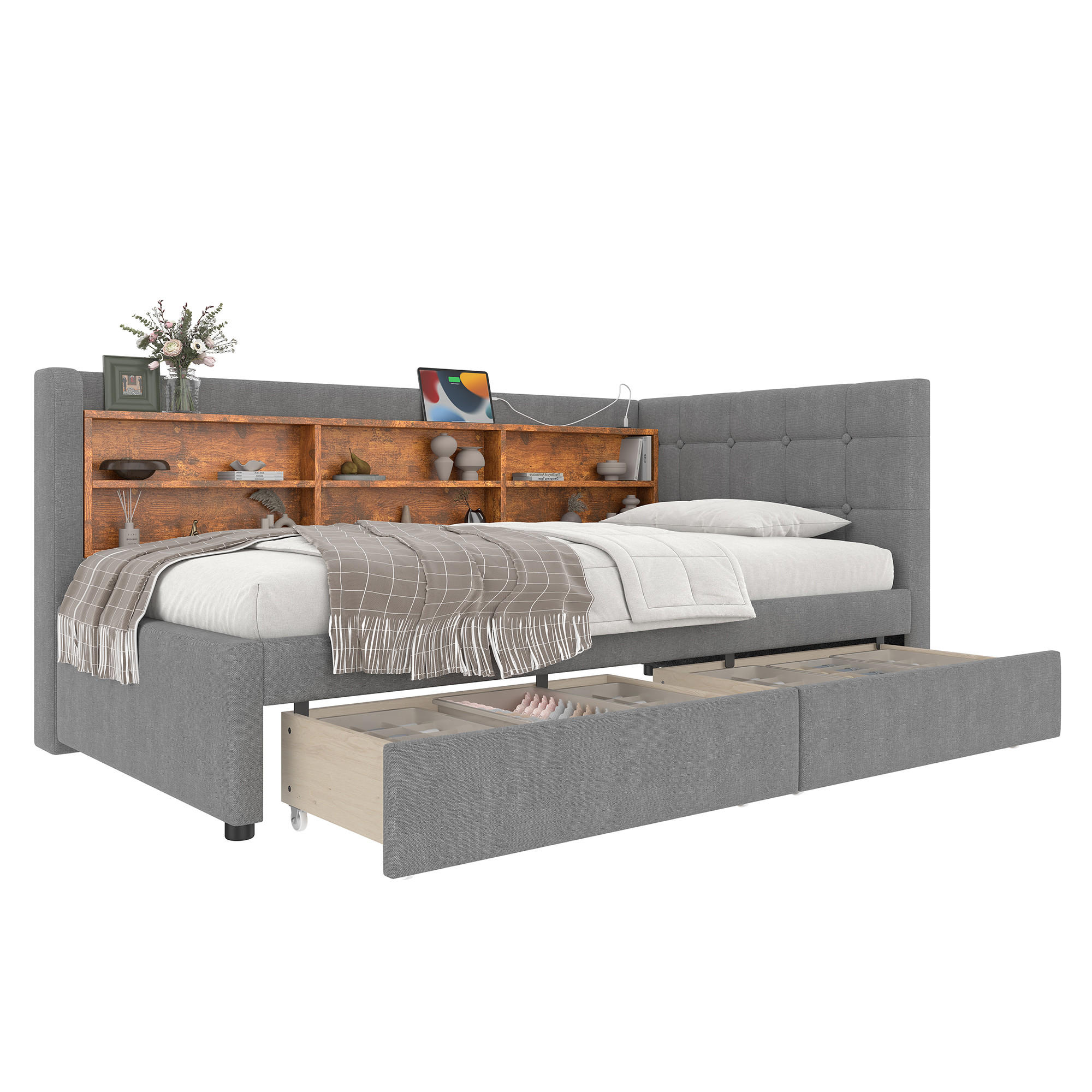 TAGEBETT 90x200cm Grau Leinen 2 Schubladen USB-C Ablagefächer - Grau, Holz (90/200cm) - FLIEKS
