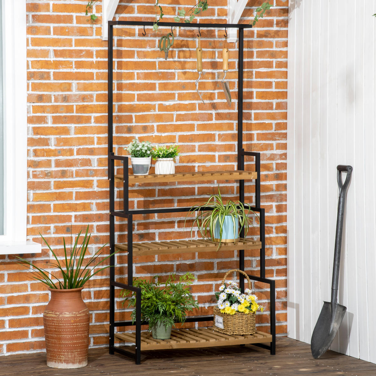 BLUMENTREPPE DE-12118 3 Etagen mit Hängebarre und 4 Haken Natur - Naturfarben, Metall (36/174/80cm) - ComfortXL