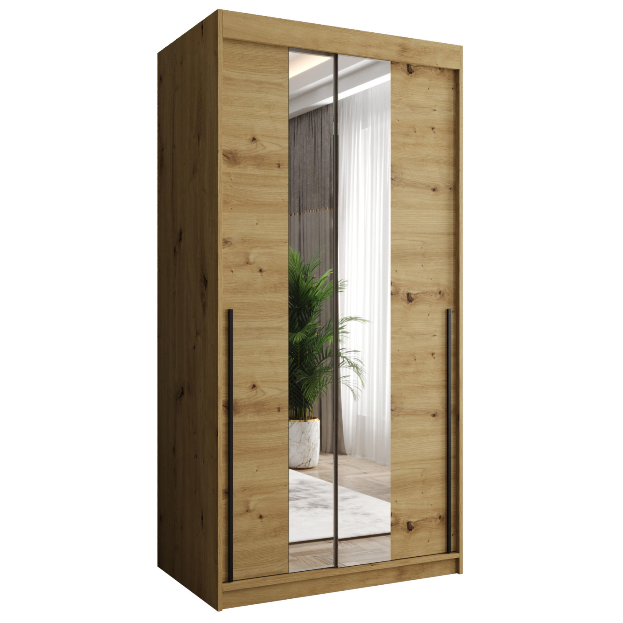 SCHIEBETÜRENSCHRANK mit Spiegel 100 cm Breite Artisan mit schwarzem Griff - Schwarz/Eiche Artisan, Holzwerkstoff (100/200/62cm) - Home Collective