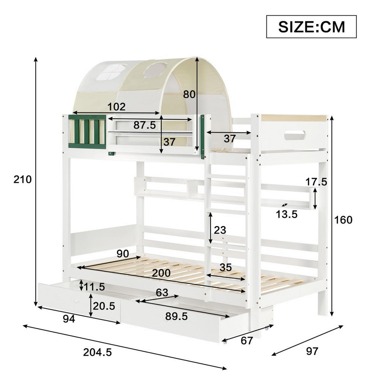 ETAGENBETT 90x200cm in Weiß+Gelb Grün，Zwei Schubladen mit Rollen - Weiß, Holz (90/200cm) - KOMHTOM