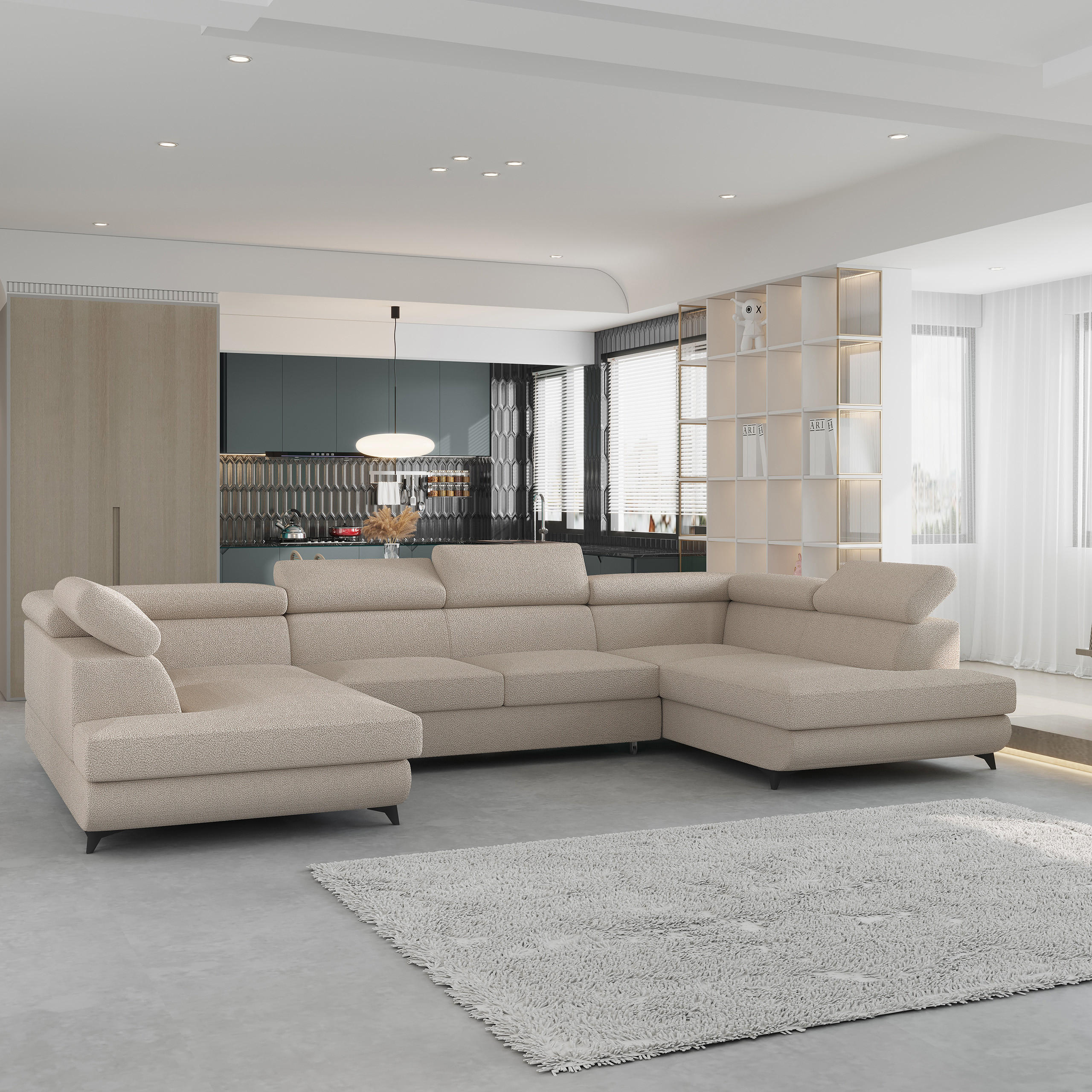 WOHNLANDSCHAFT VINTESSA Beige Boucle-Stoff mit Schlaffunktion - Beige, Holz (323/89/190cm) - MASSENO