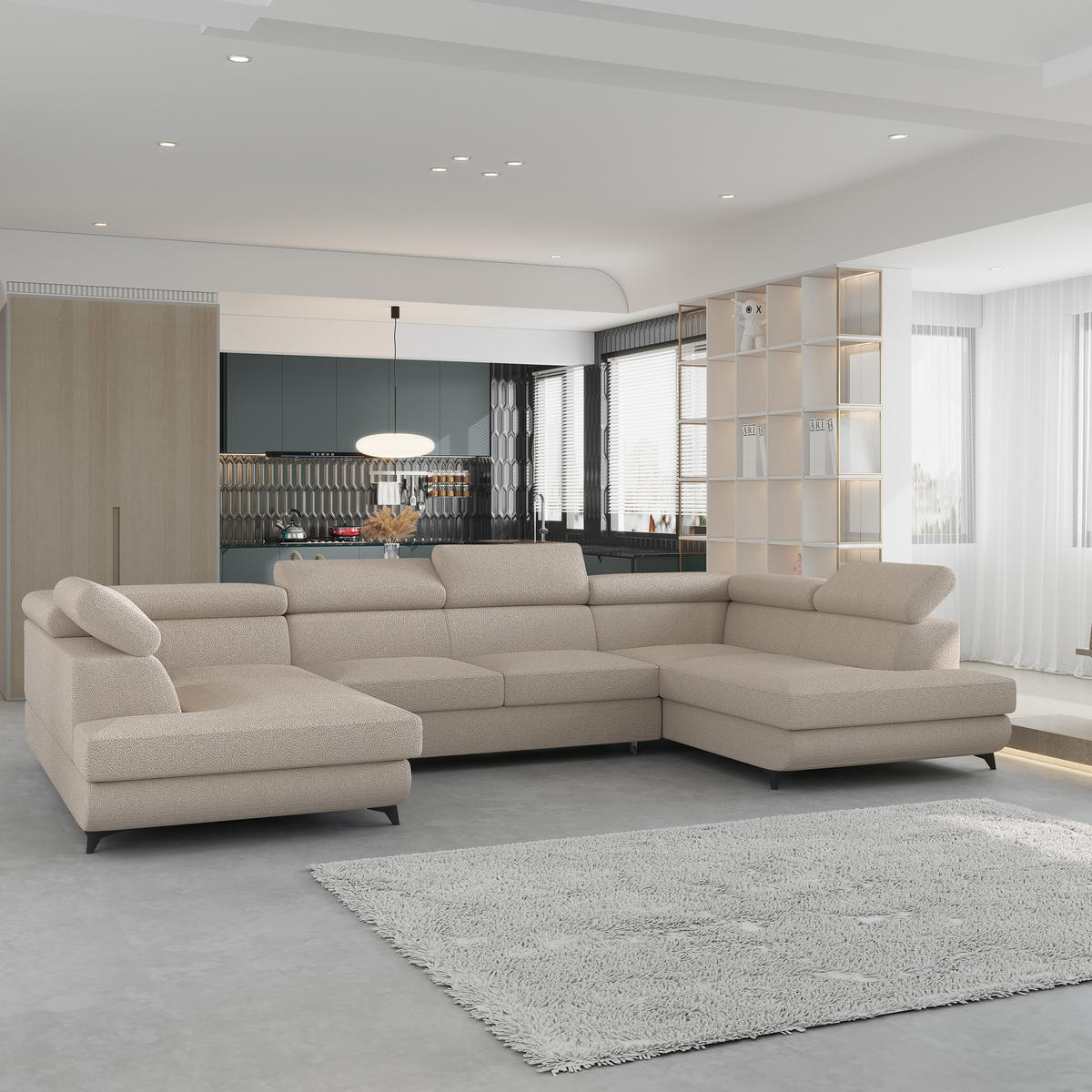 WOHNLANDSCHAFT VINTESSA Beige Boucle-Stoff mit Schlaffunktion - Beige, Holz (323/89/190cm) - MASSENO